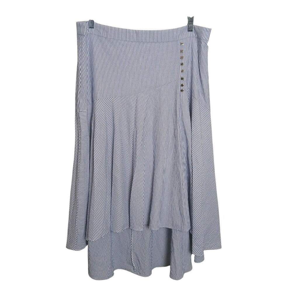 Calvin Klein Striped Asymmetric Midi Skirt Blue White Hi Low Button Accent Sz 16